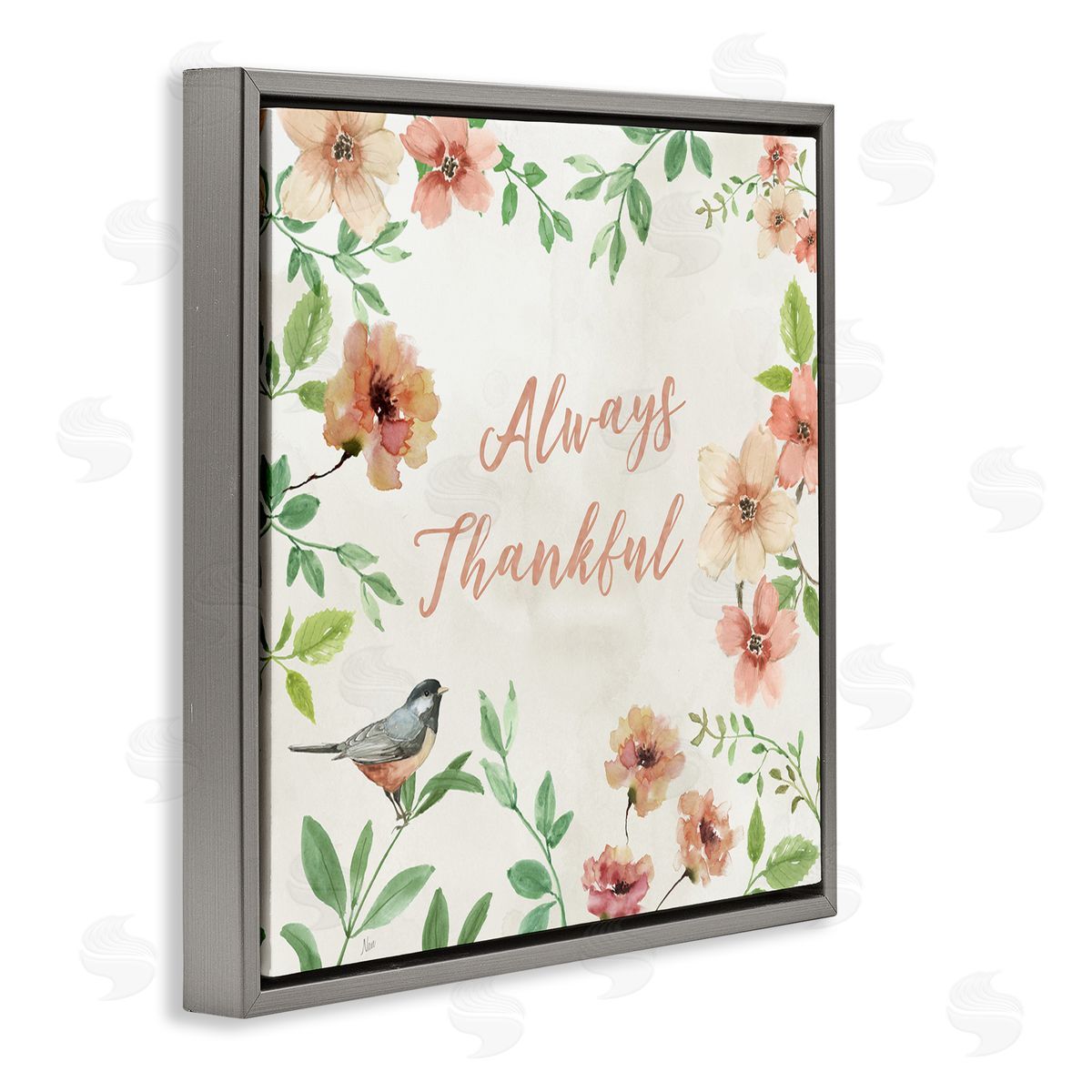 Always Thankful Floral Grey Floating Frame Canvas Wall Art, Home Decor by Nan