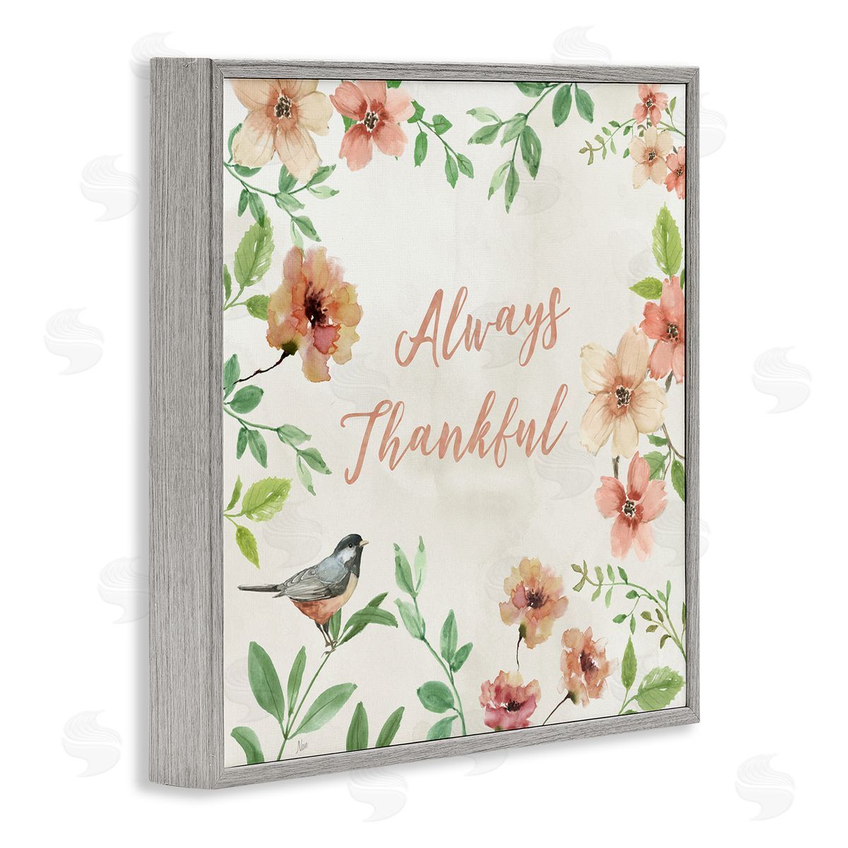 Always Thankful Floral Grey Frame Print Wall Art, Home Decor by Nan