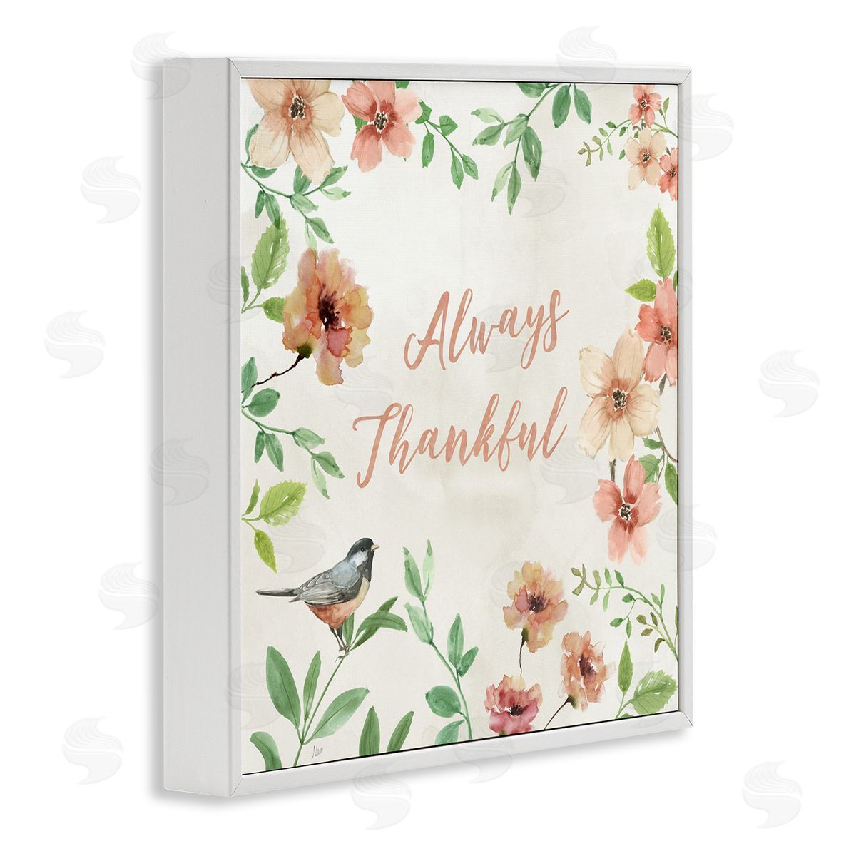 Always Thankful Floral White Frame Print Wall Art, Home Decor by Nan
