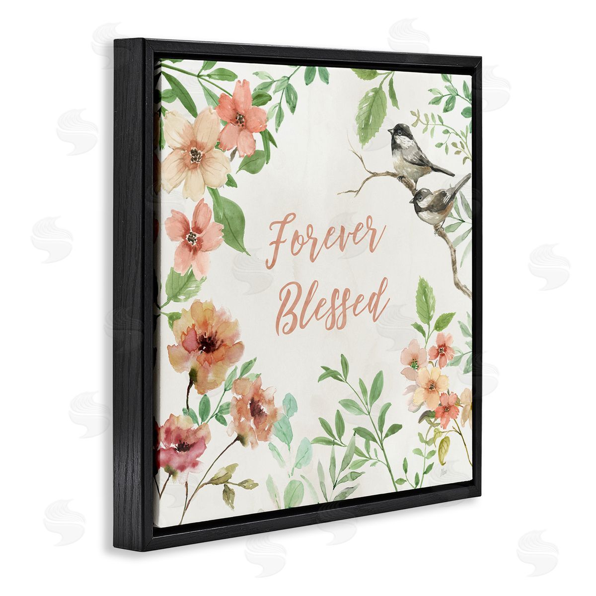 Forever Blessed Floral Black Floating Frame Canvas Wall Art, Home Decor by Nan