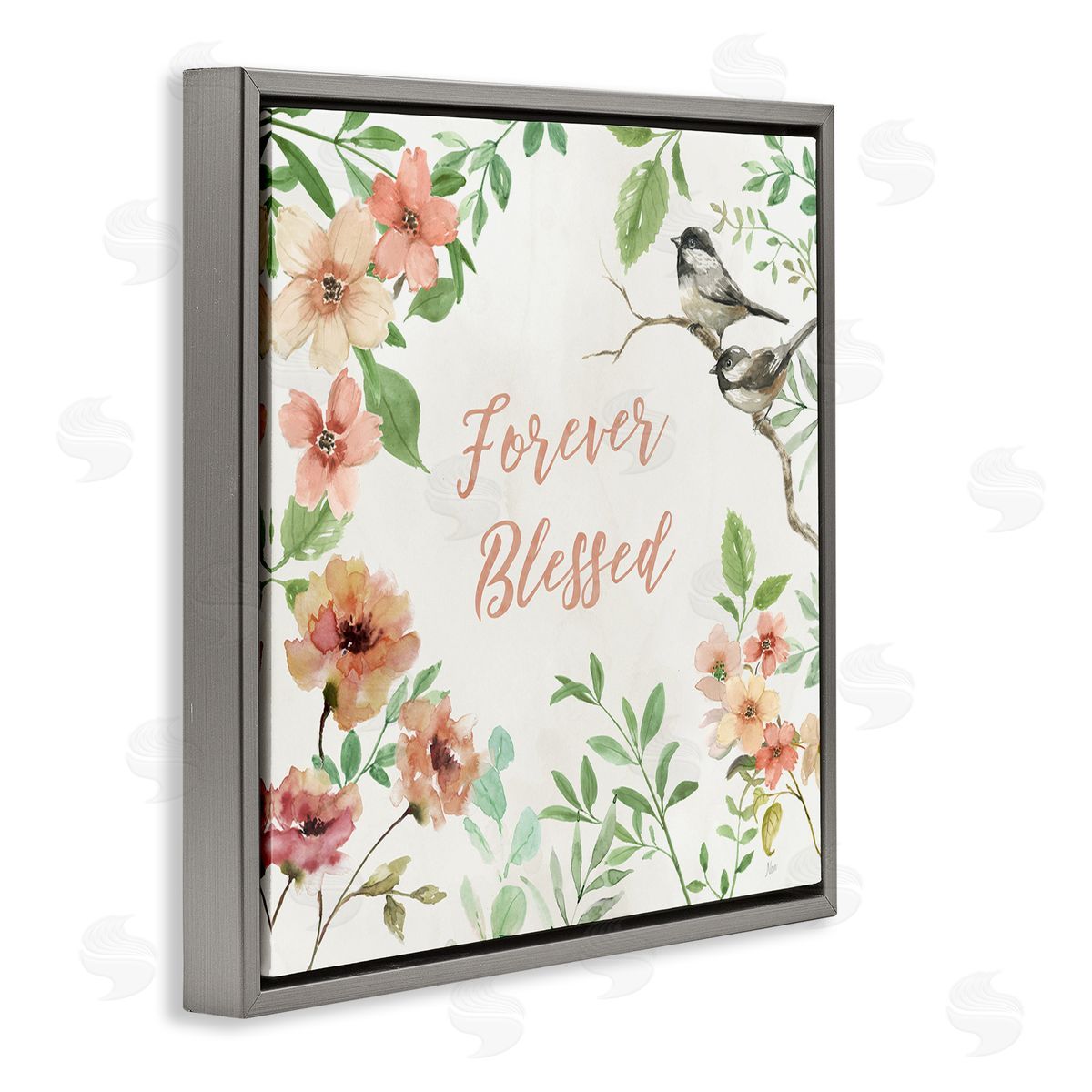 Forever Blessed Floral Grey Floating Frame Canvas Wall Art, Home Decor by Nan