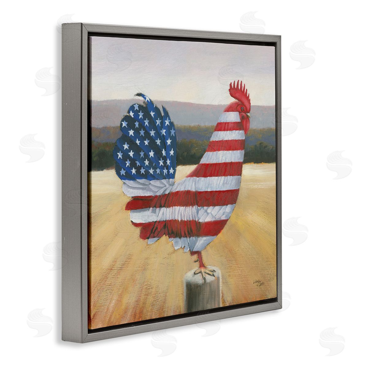 American Flag Rooster Grey Floating Frame Canvas Wall Art, Home Decor by Wellington Studio