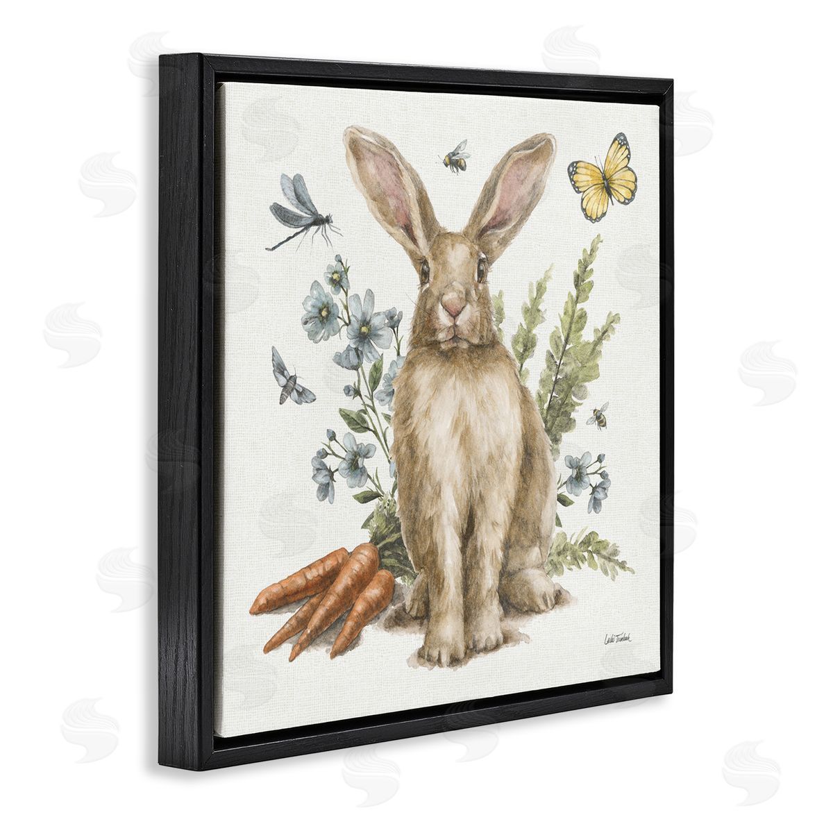 Rabbit and Garden Patch Black Floating Frame Canvas Wall Art, Home Decor by Leslie Trimbach