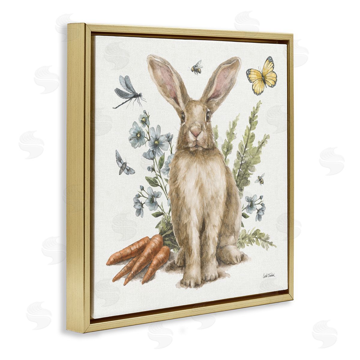 Rabbit and Garden Patch Gold Floating Frame Canvas Wall Art, Home Decor by Leslie Trimbach
