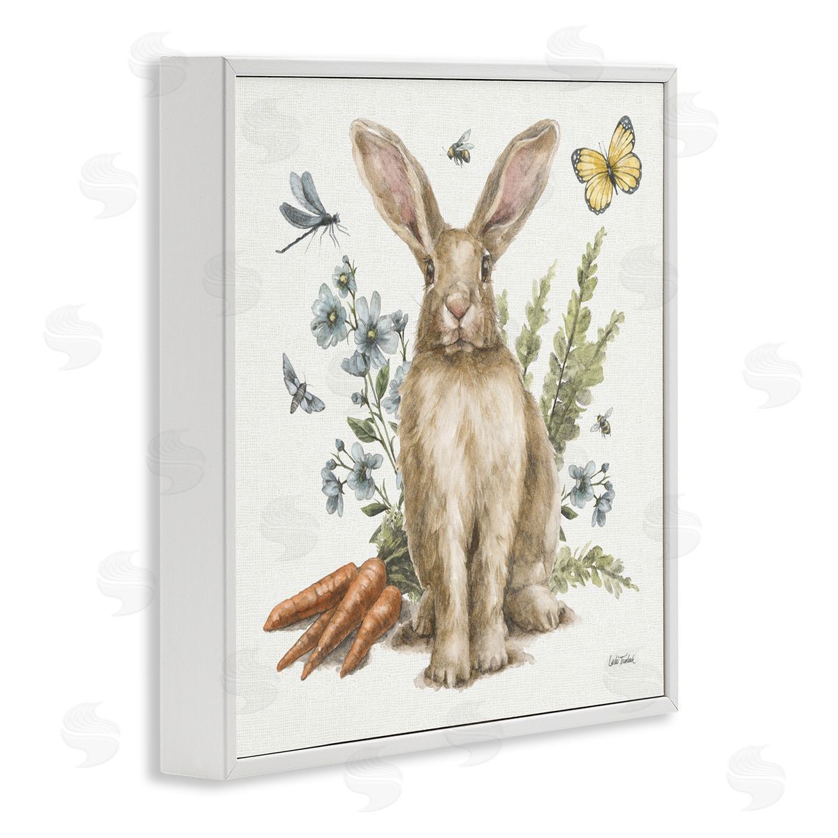 Rabbit and Garden Patch White Frame Print Wall Art, Home Decor by Leslie Trimbach