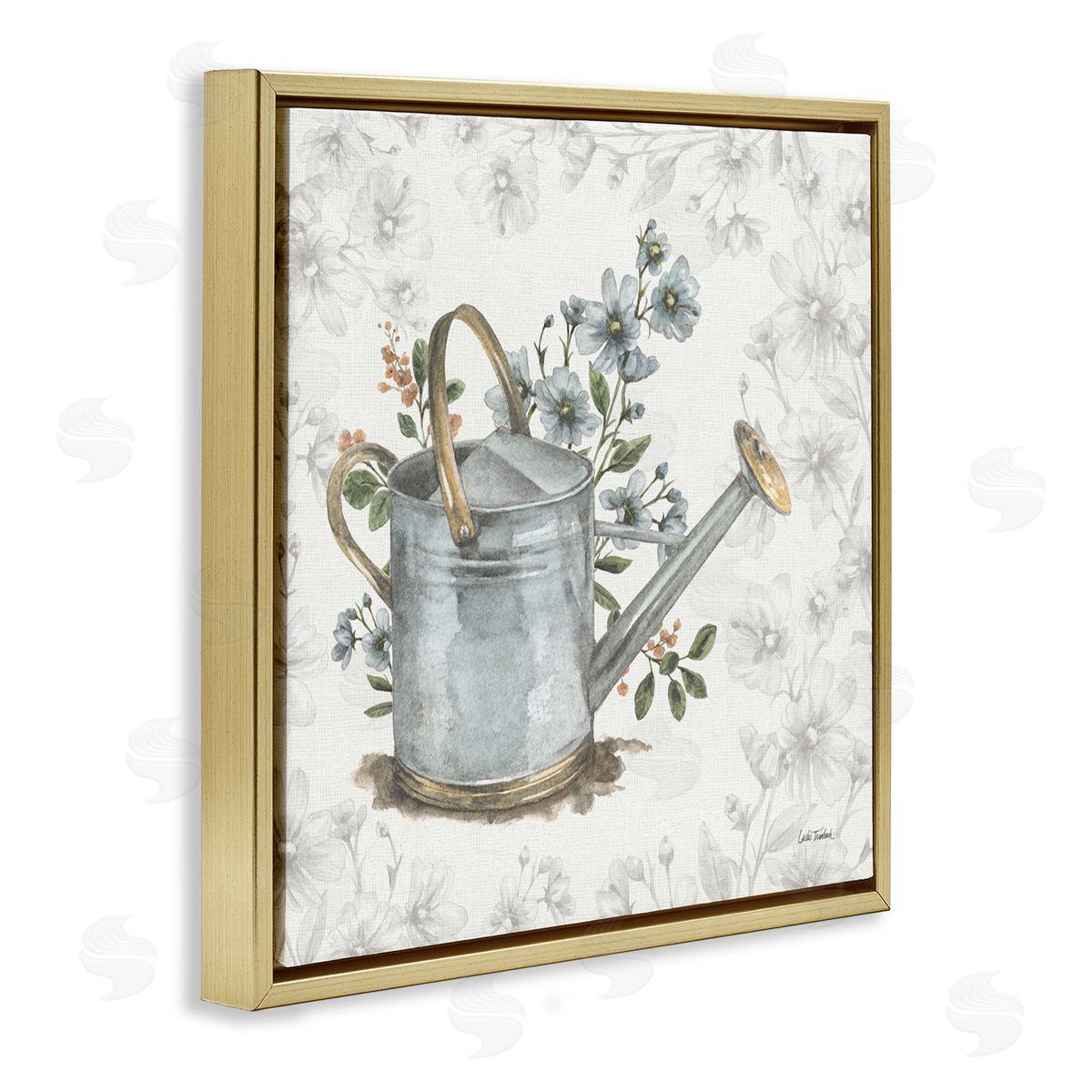 Floral Watering Can Gold Floating Frame Canvas Wall Art, Home Decor by Leslie Trimbach