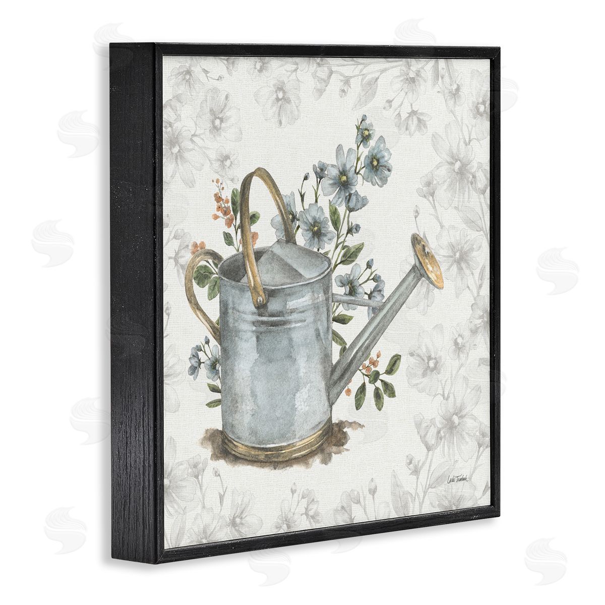 Floral Watering Can Black Frame Print Wall Art, Home Decor by Leslie Trimbach