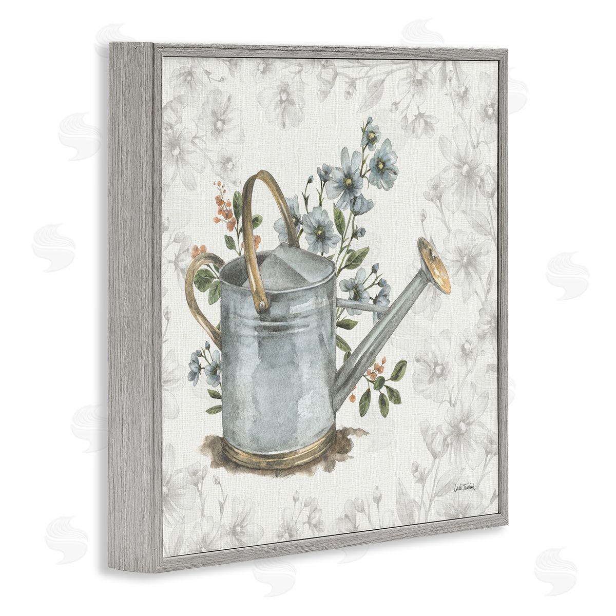 Floral Watering Can Grey Frame Print Wall Art, Home Decor by Leslie Trimbach