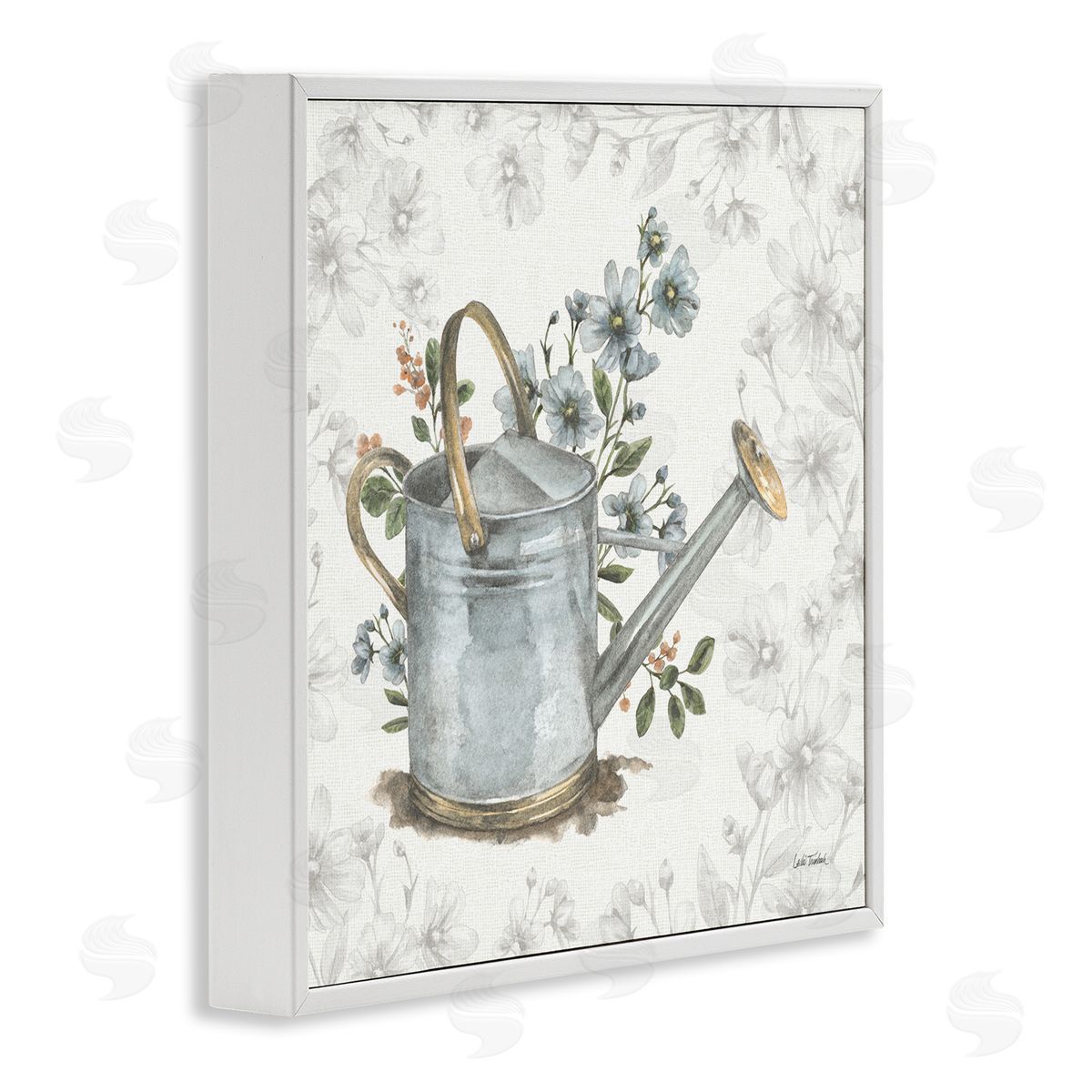 Floral Watering Can White Frame Print Wall Art, Home Decor by Leslie Trimbach