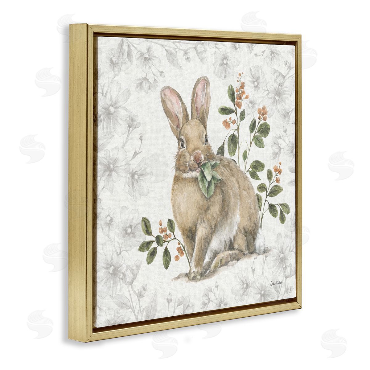 Floral Garden Bunny Gold Floating Frame Canvas Wall Art, Home Decor by Leslie Trimbach