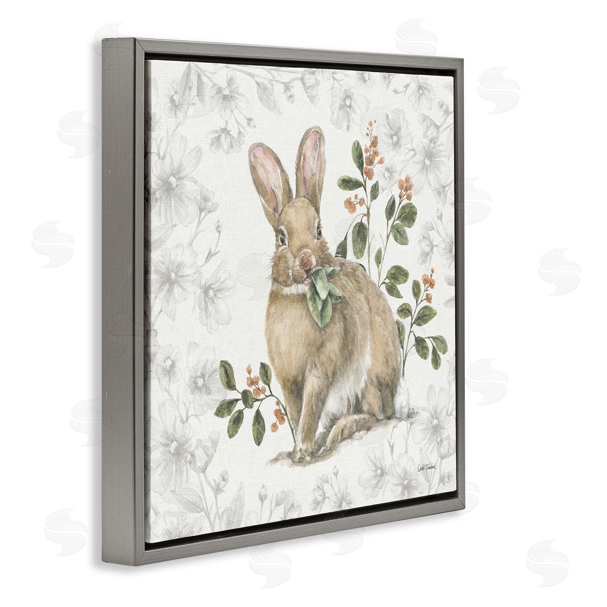 Floral Garden Bunny Grey Floating Frame Canvas Wall Art, Home Decor by Leslie Trimbach