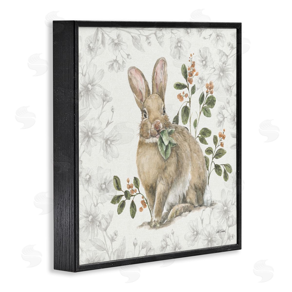 Floral Garden Bunny Black Frame Print Wall Art, Home Decor by Leslie Trimbach