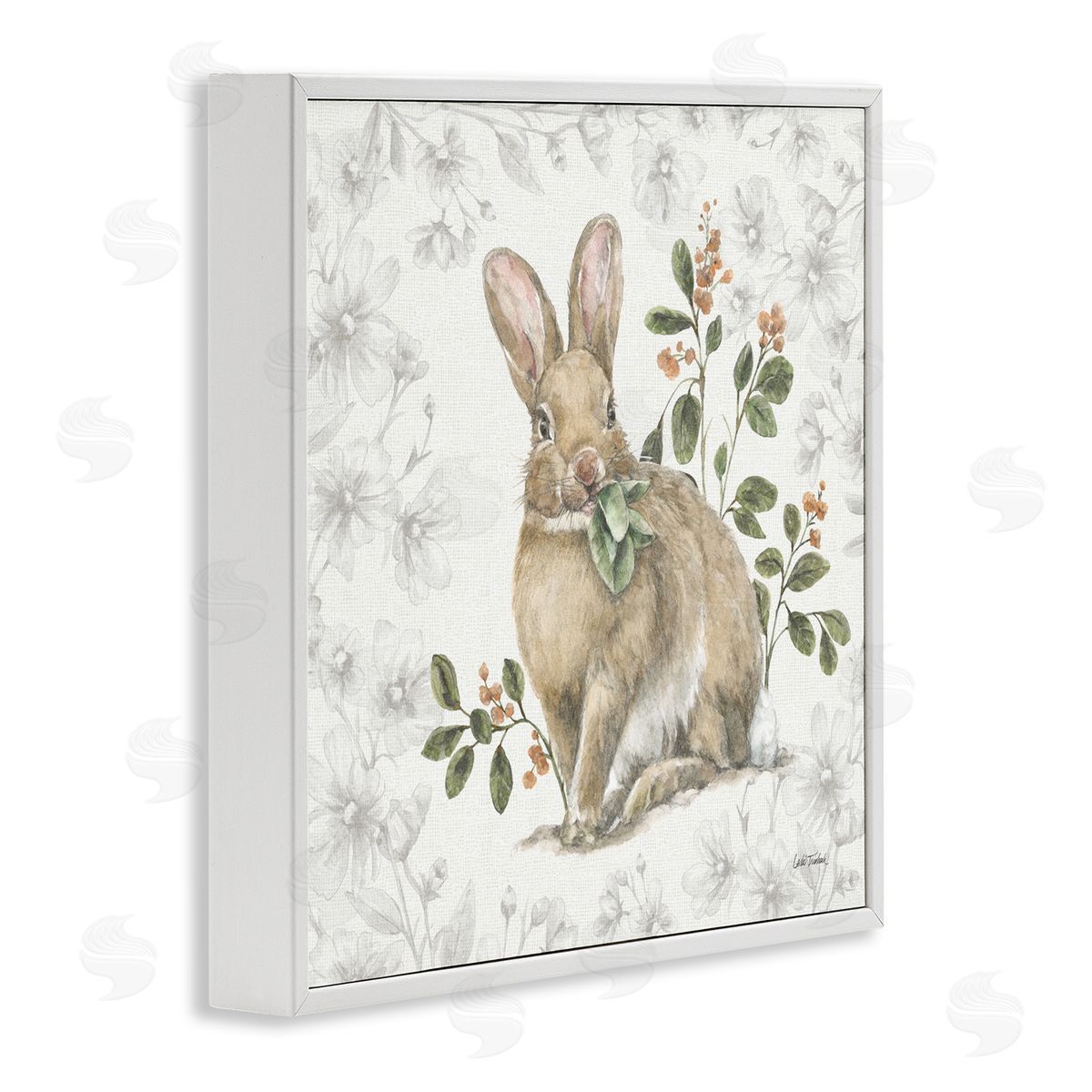 Floral Garden Bunny White Frame Print Wall Art, Home Decor by Leslie Trimbach
