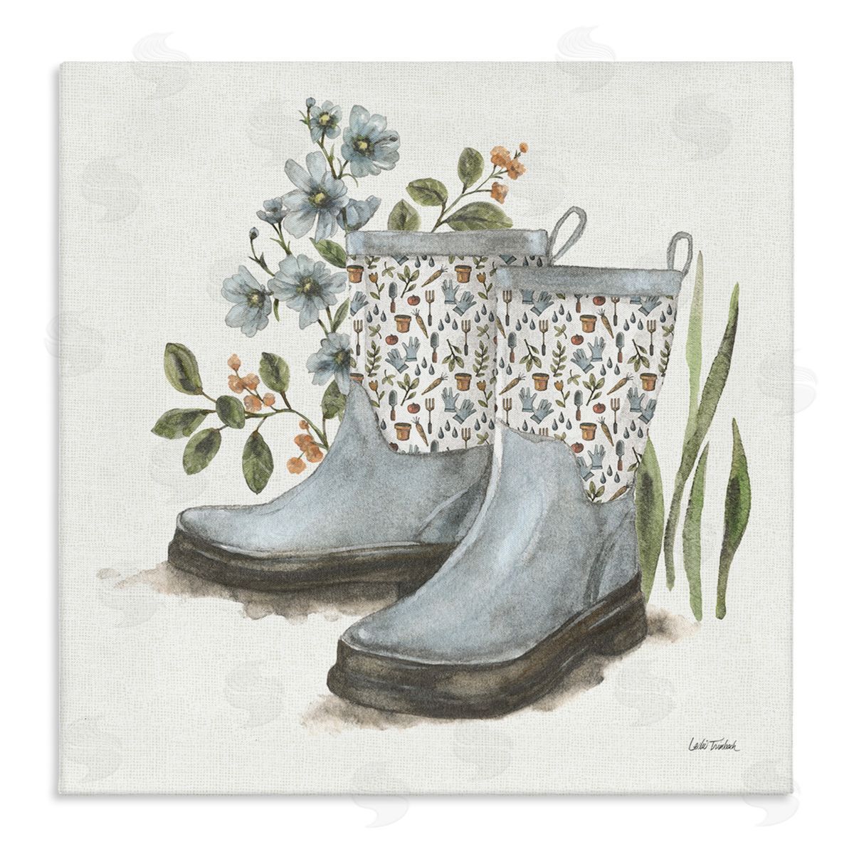 Floral Gardening Boots Canvas Wall Art, Home Decor by Leslie Trimbach