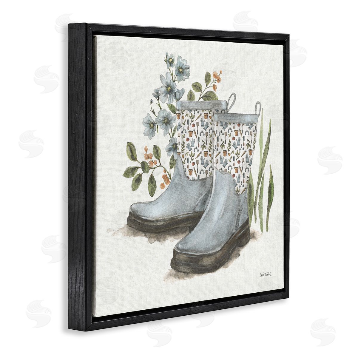 Floral Gardening Boots Black Floating Frame Canvas Wall Art, Home Decor by Leslie Trimbach