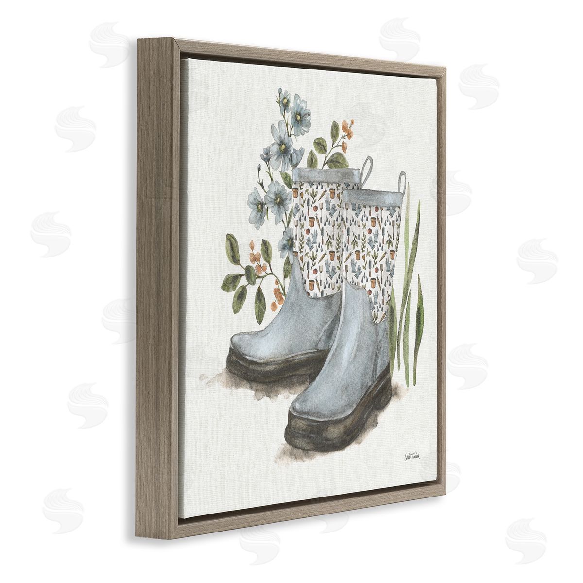 Floral Gardening Boots Brown Floating Frame Canvas Wall Art, Home Decor by Leslie Trimbach