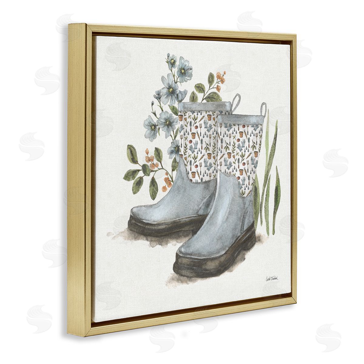 Floral Gardening Boots Gold Floating Frame Canvas Wall Art, Home Decor by Leslie Trimbach