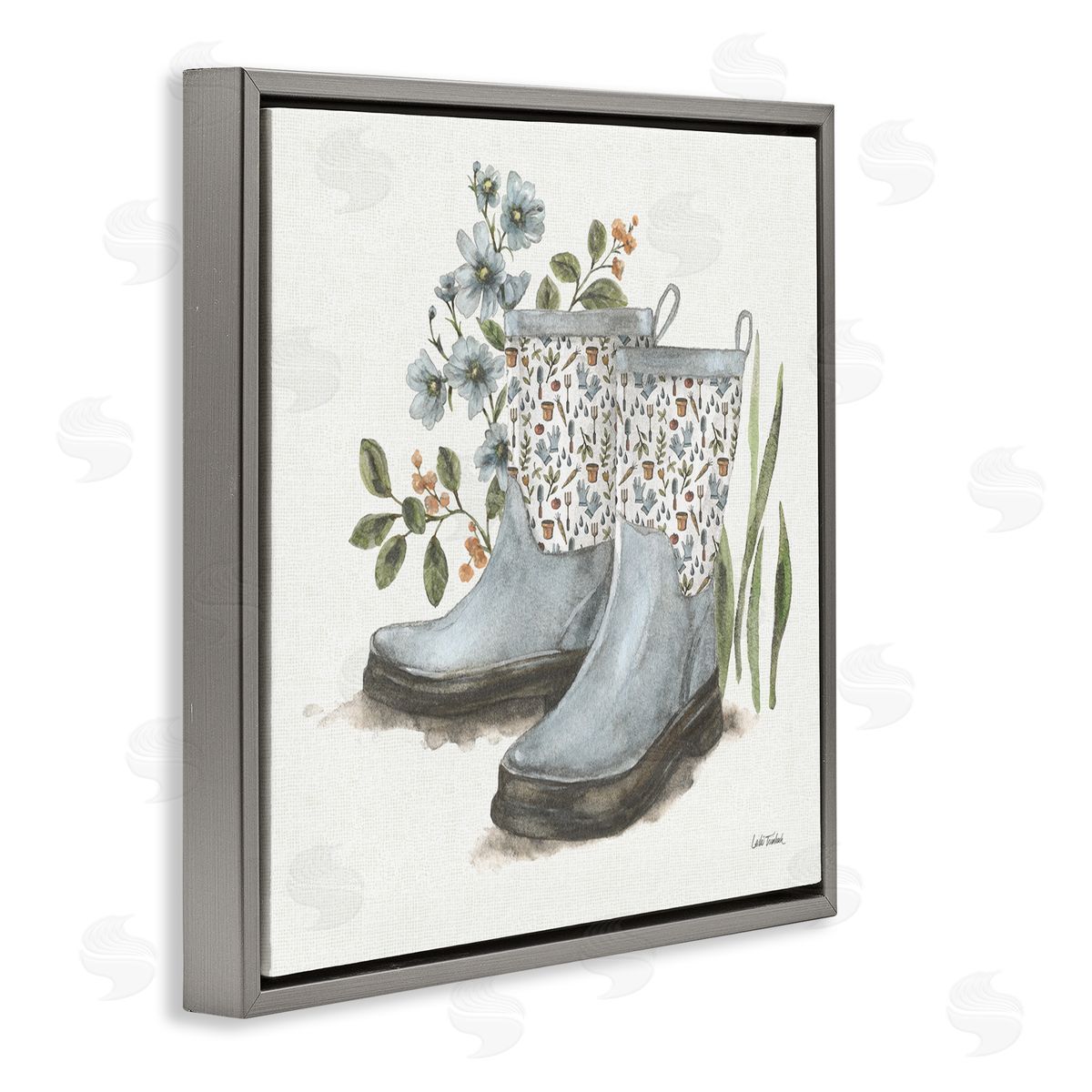 Floral Gardening Boots Grey Floating Frame Canvas Wall Art, Home Decor by Leslie Trimbach