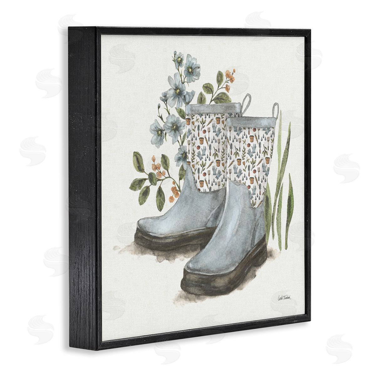 Floral Gardening Boots Black Frame Print Wall Art, Home Decor by Leslie Trimbach