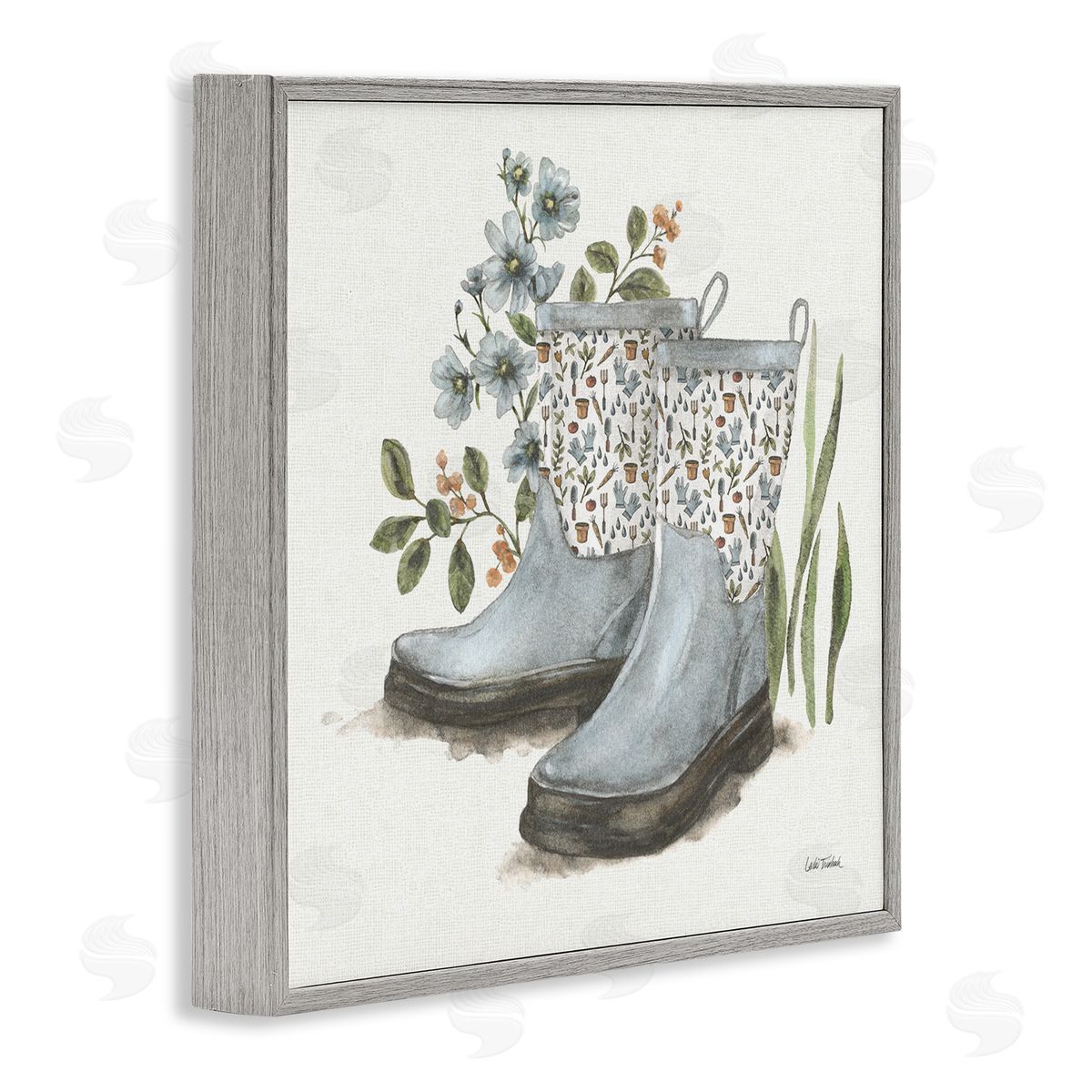 Floral Gardening Boots Grey Frame Print Wall Art, Home Decor by Leslie Trimbach