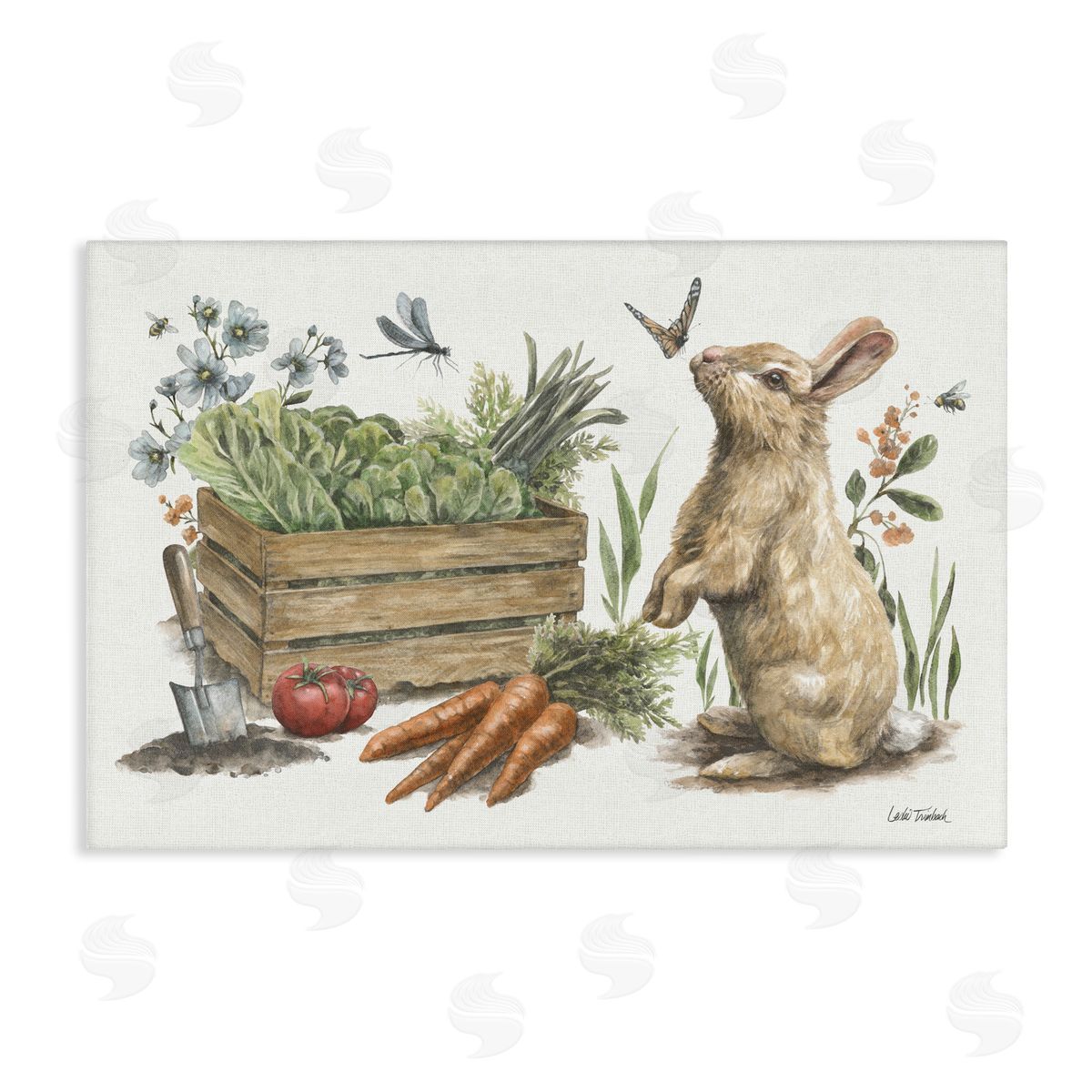 Gardening Bunny Scene Canvas Wall Art, Home Decor by Leslie Trimbach