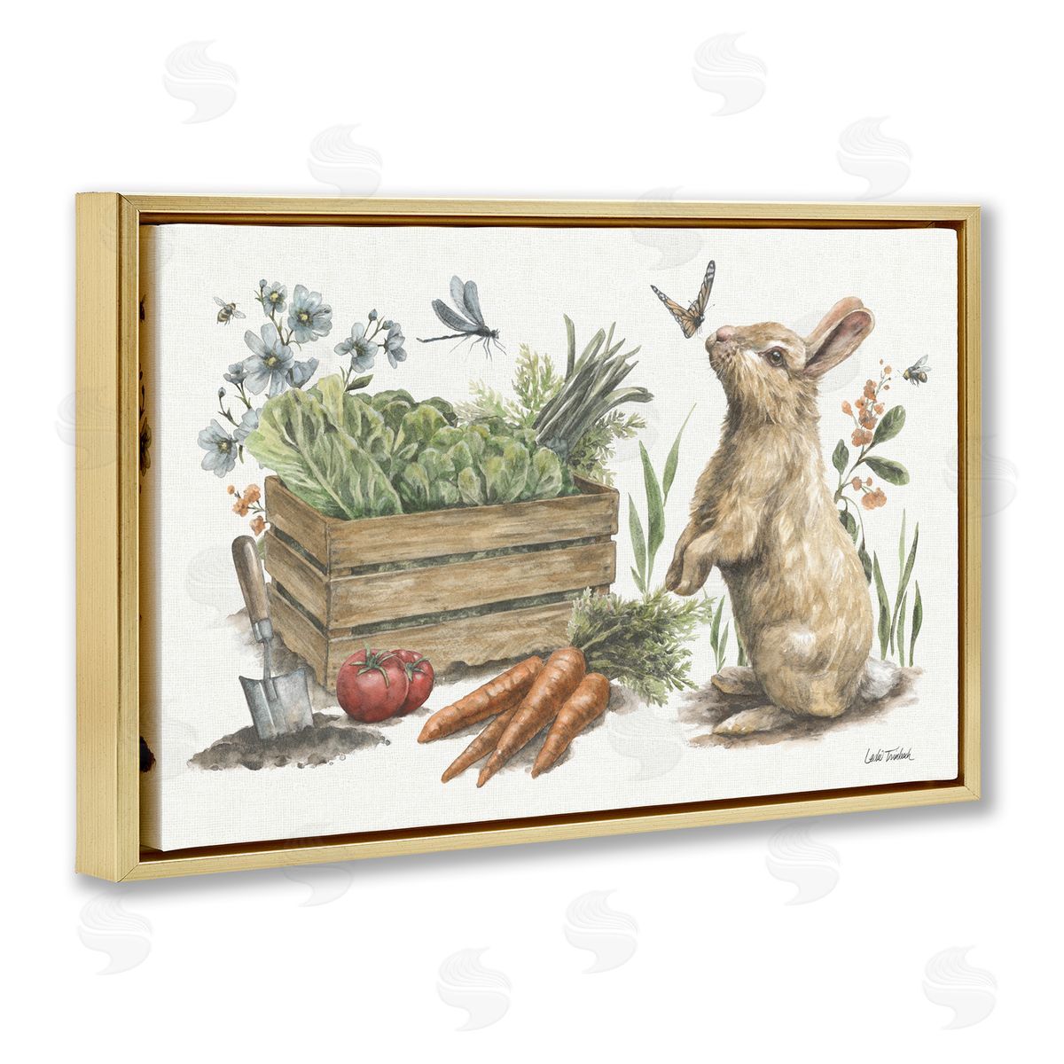 Gardening Bunny Scene Gold Floating Frame Canvas Wall Art, Home Decor by Leslie Trimbach