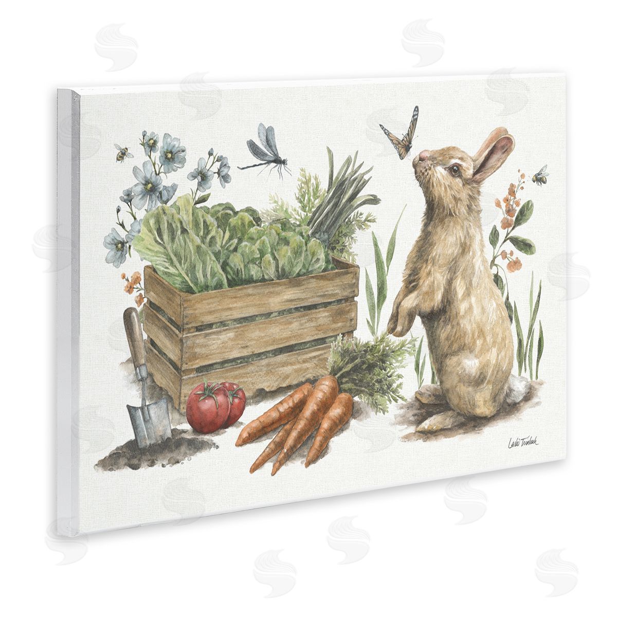 Gardening Bunny Scene Wood Plaque Wall Art, Home Decor by Leslie Trimbach