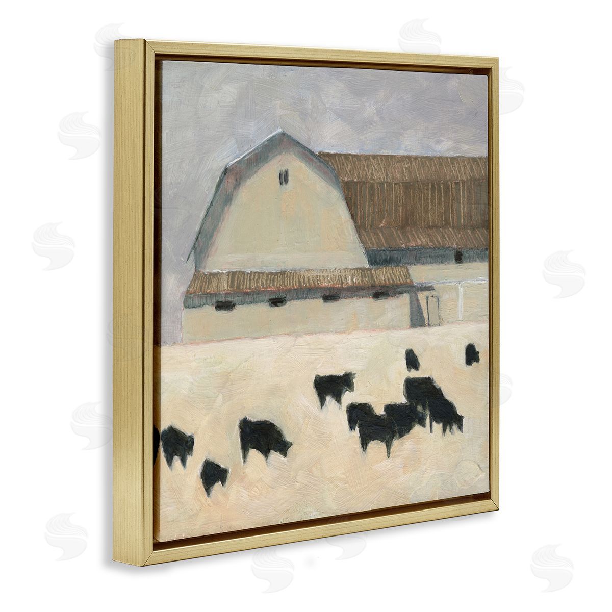 Grazing Black Farm Cattle Gold Floating Frame Canvas Wall Art, Home Decor by Sue Jachimiec