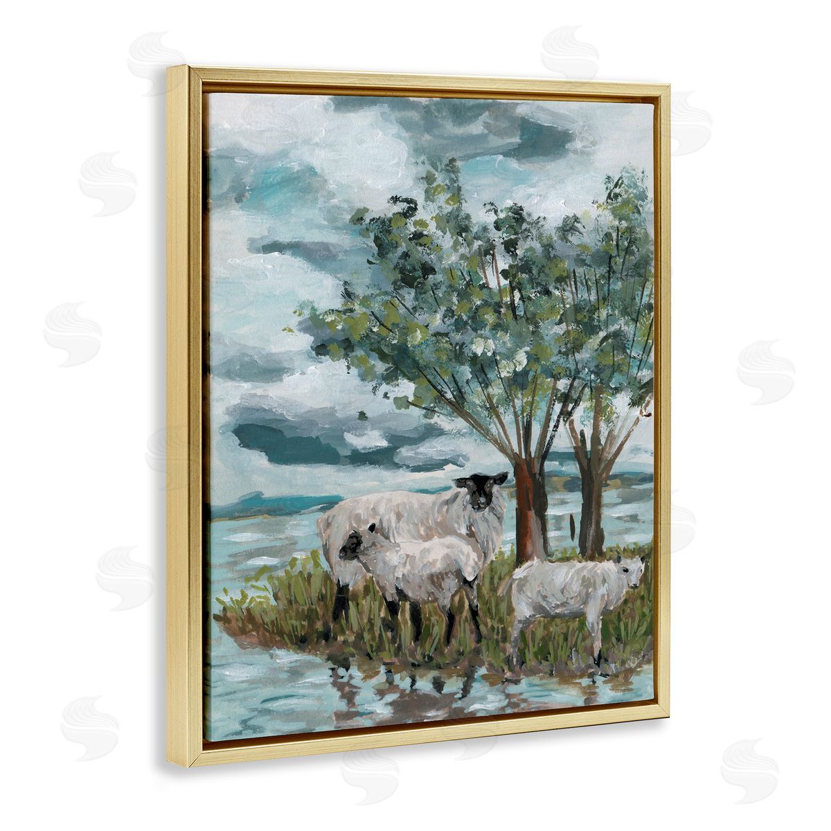 Traditional Sheep Scene Gold Floating Frame Canvas Wall Art, Home Decor by Melissa Wang