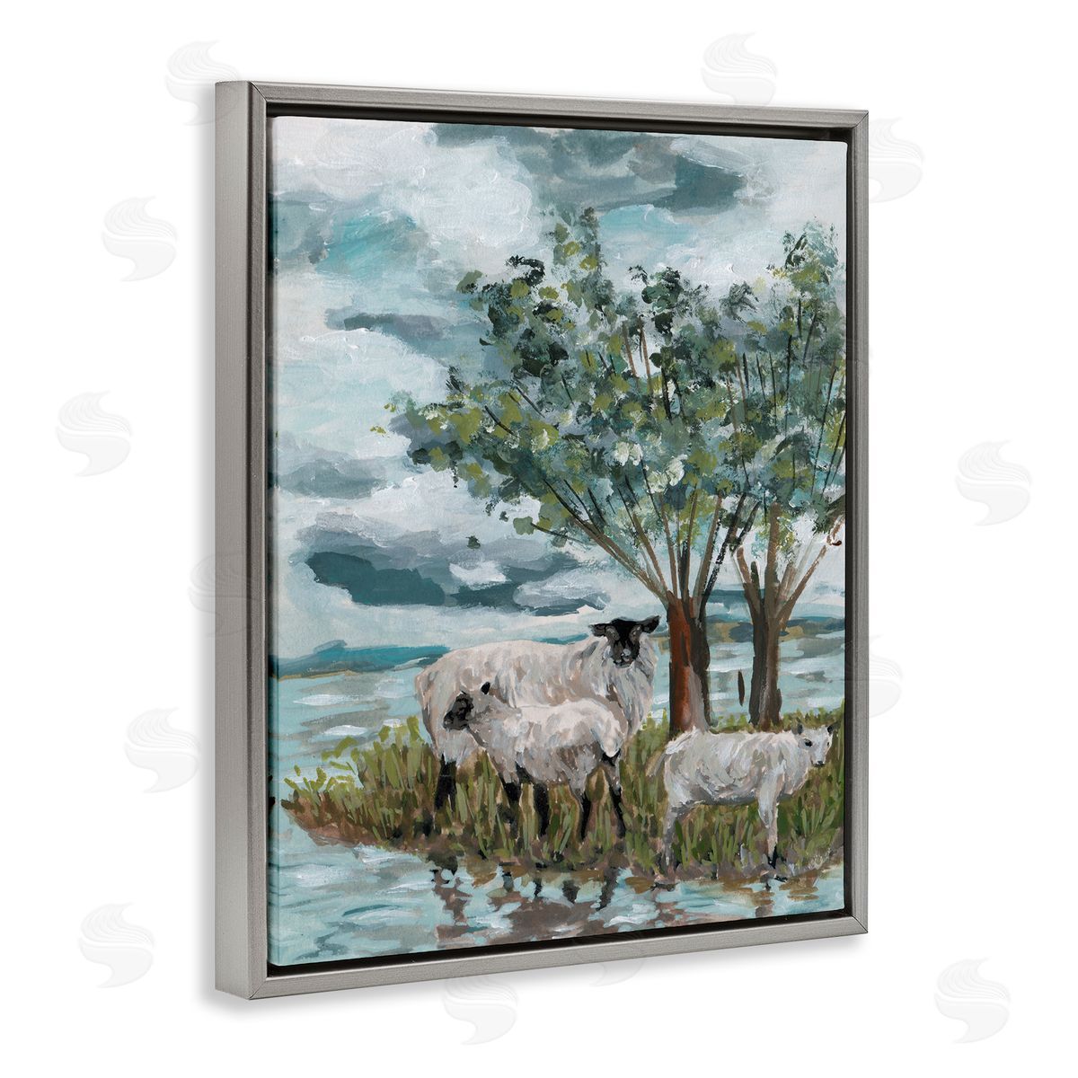 Traditional Sheep Scene Grey Floating Frame Canvas Wall Art, Home Decor by Melissa Wang