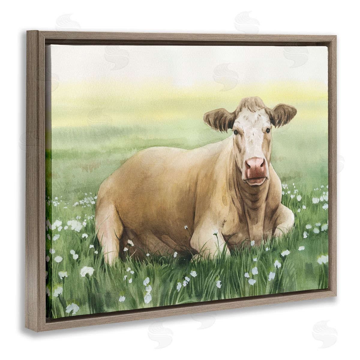 Resting Beige Cow Brown Floating Frame Canvas Wall Art, Home Decor by Grace Popp
