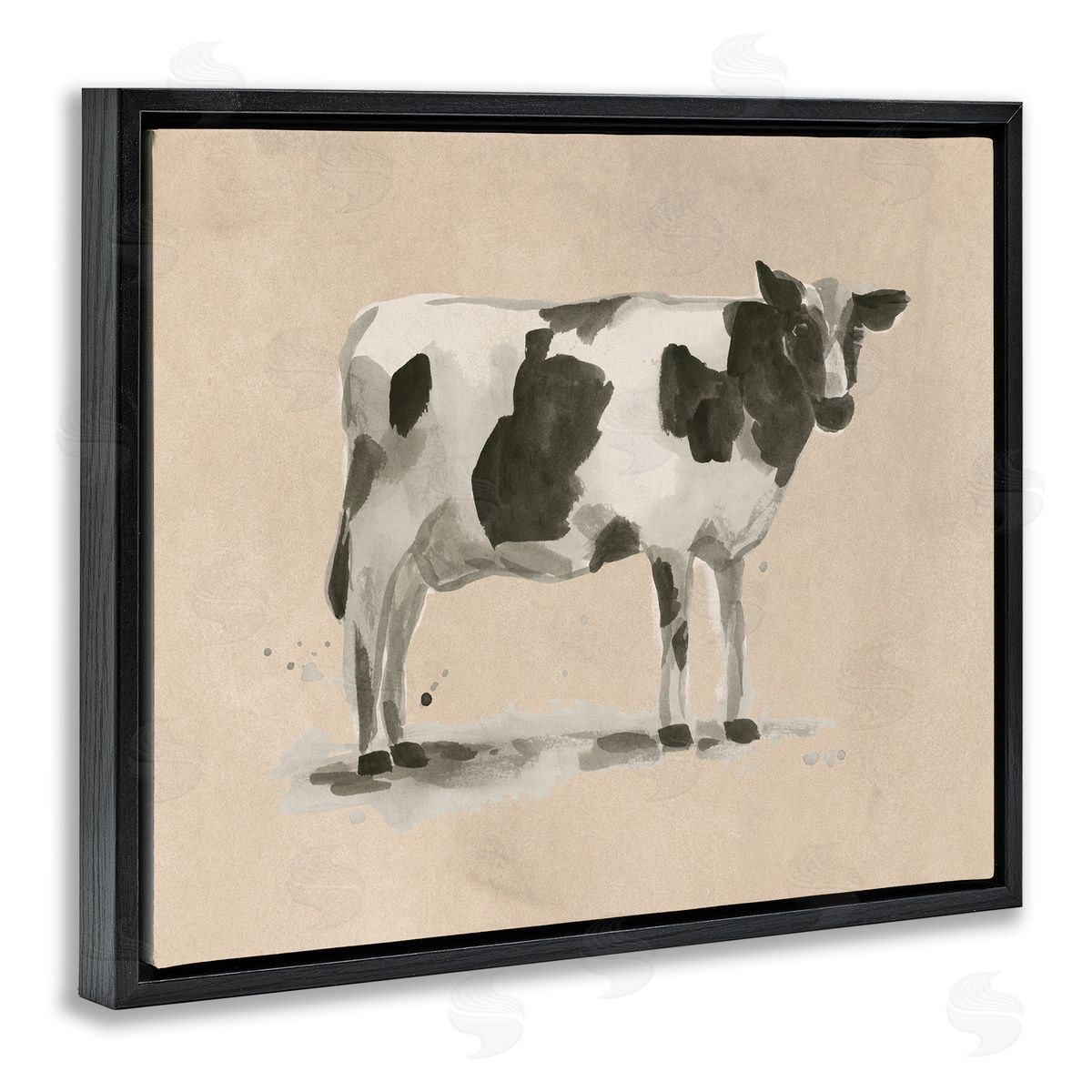 Traditional Cow on Beige Black Floating Frame Canvas Wall Art, Home Decor by June Erica Vess