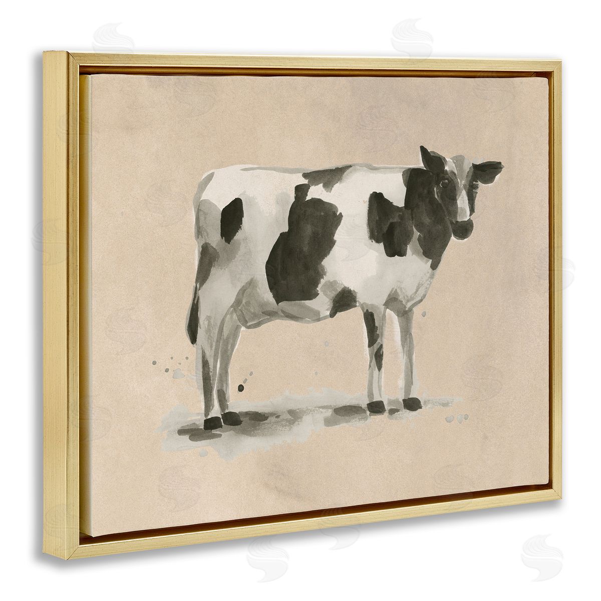 Traditional Cow on Beige Gold Floating Frame Canvas Wall Art, Home Decor by June Erica Vess