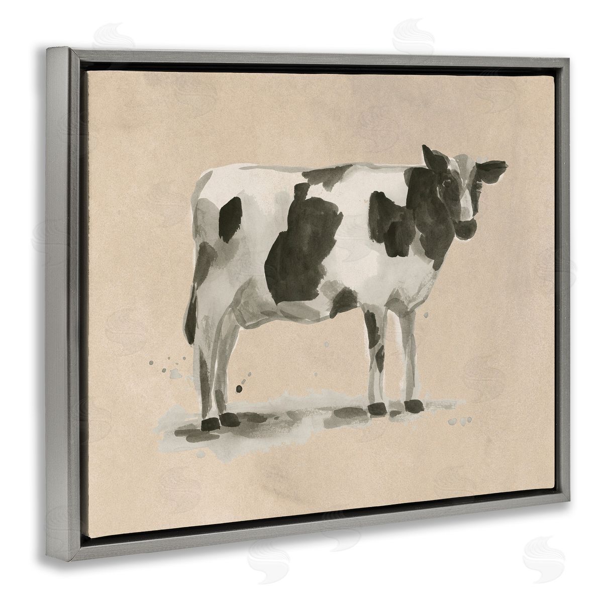 Traditional Cow on Beige Grey Floating Frame Canvas Wall Art, Home Decor by June Erica Vess