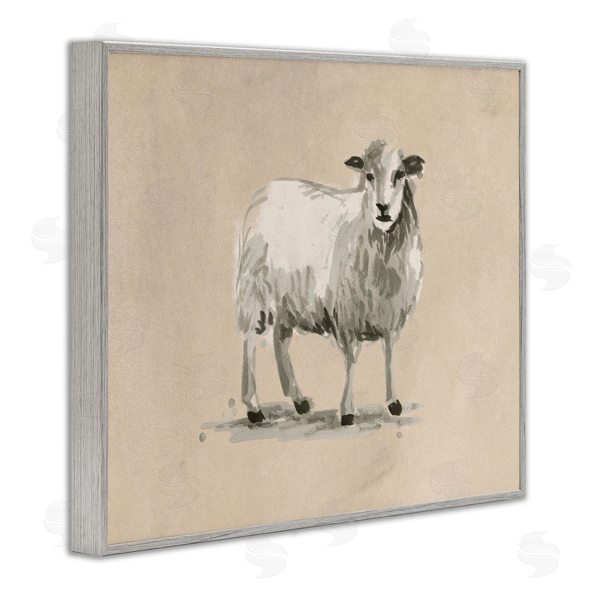 Gazing Sheep on Beige Grey Frame Print Wall Art, Home Decor by June Erica Vess