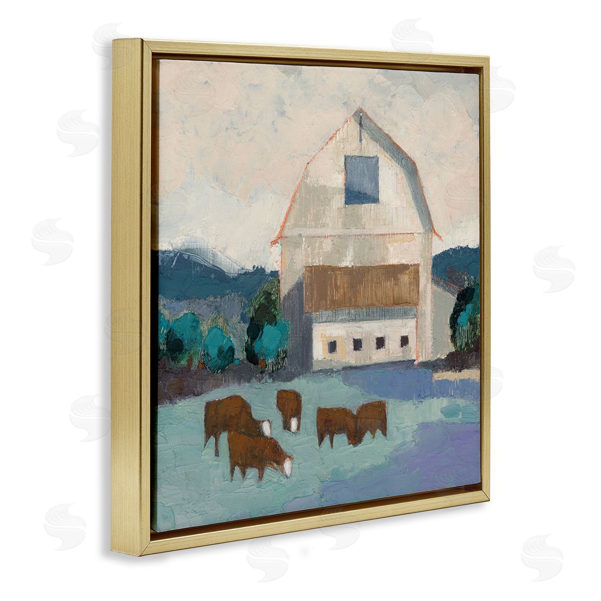 Barnyard Grazing Cattle Gold Floating Frame Canvas Wall Art, Home Decor by Sue Jachimiec