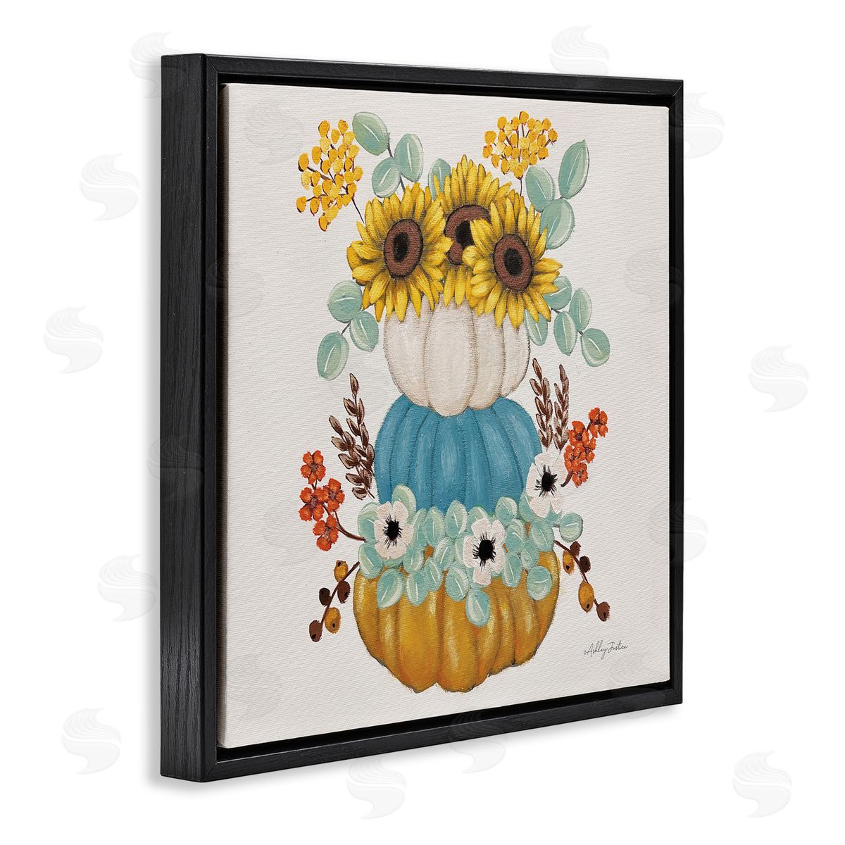 Seasonal Flower and Pumpkins Black Floating Frame Canvas Wall Art, Home Decor by Ashley Justice