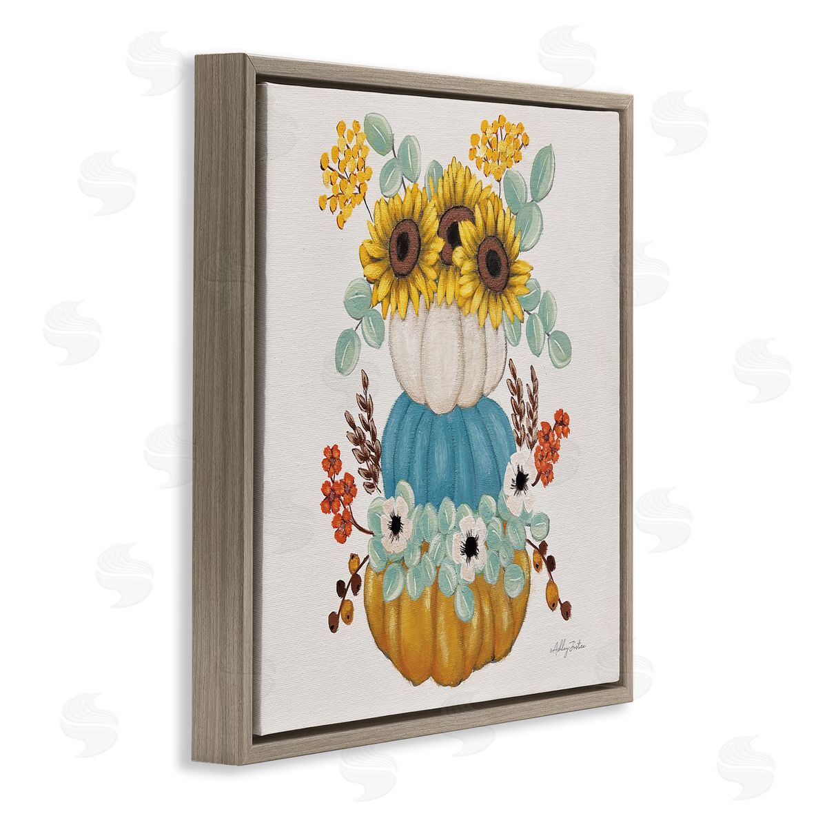 Seasonal Flower and Pumpkins Brown Floating Frame Canvas Wall Art, Home Decor by Ashley Justice
