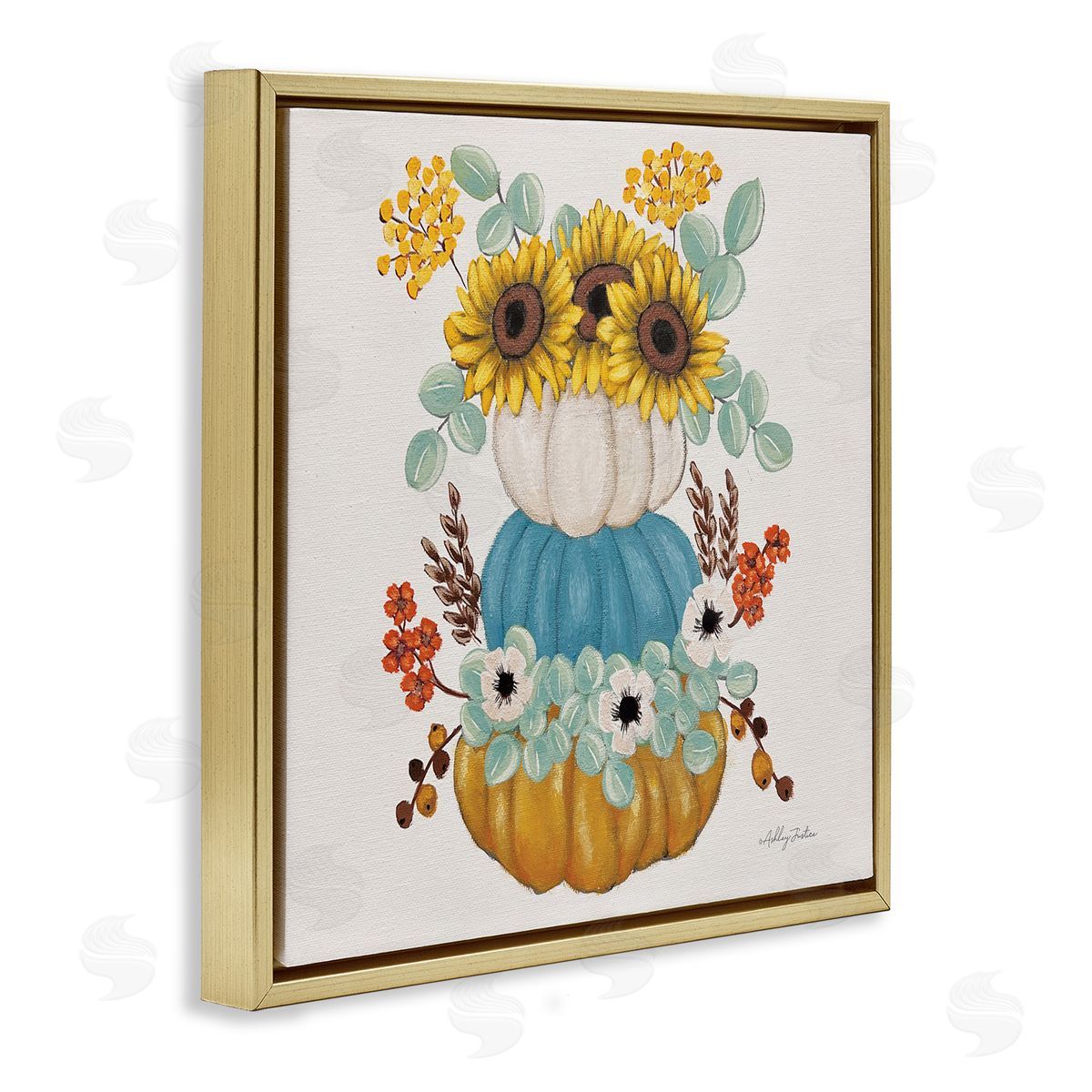 Seasonal Flower and Pumpkins Gold Floating Frame Canvas Wall Art, Home Decor by Ashley Justice