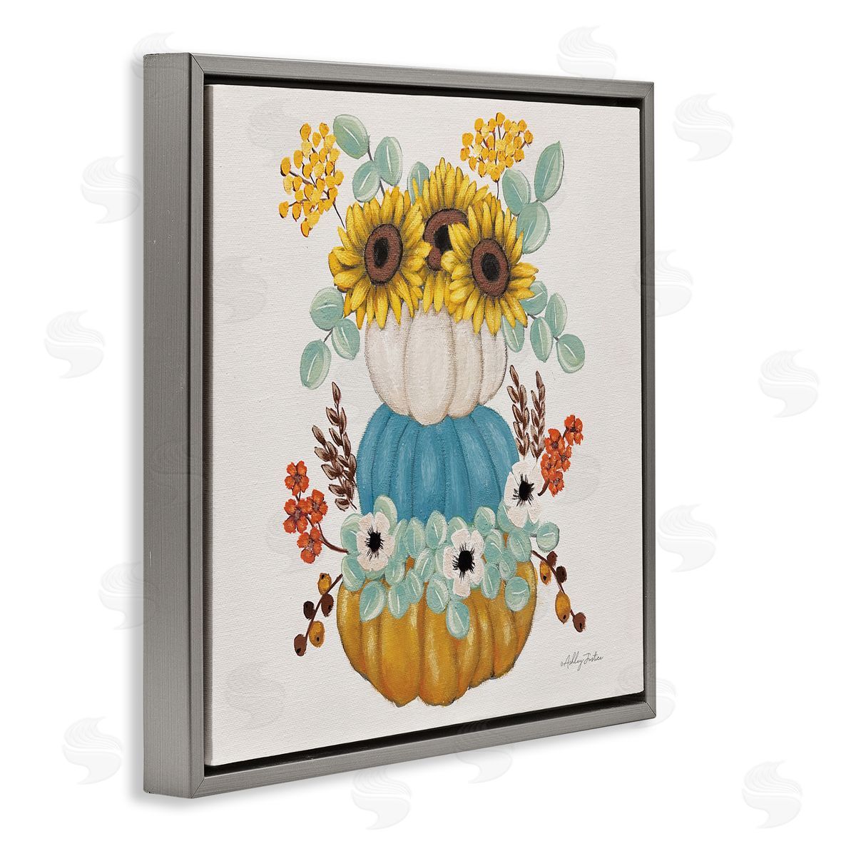 Seasonal Flower and Pumpkins Grey Floating Frame Canvas Wall Art, Home Decor by Ashley Justice