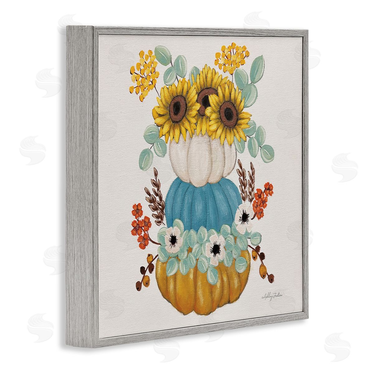 Seasonal Flower and Pumpkins Grey Frame Print Wall Art, Home Decor by Ashley Justice