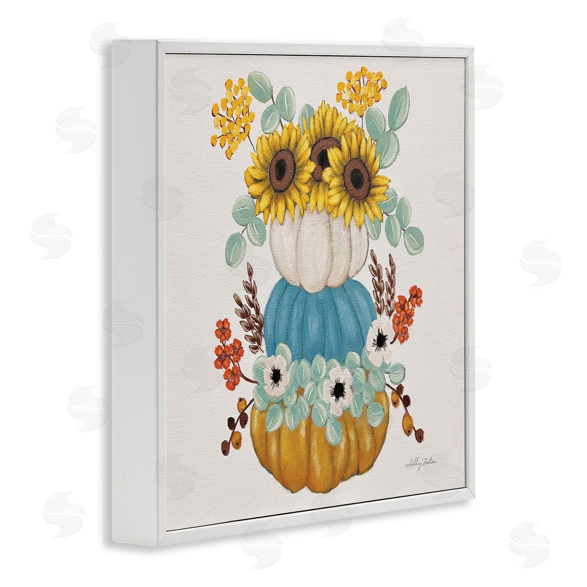 Seasonal Flower and Pumpkins White Frame Print Wall Art, Home Decor by Ashley Justice