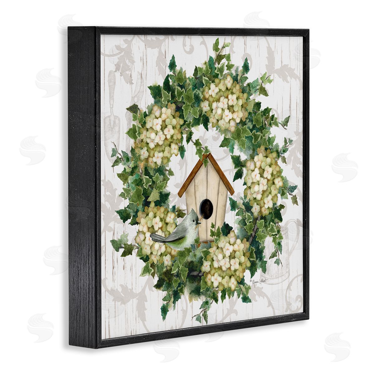 Spring Birdhouse Wreath Black Frame Print Wall Art, Home Decor by Annie LaPoint