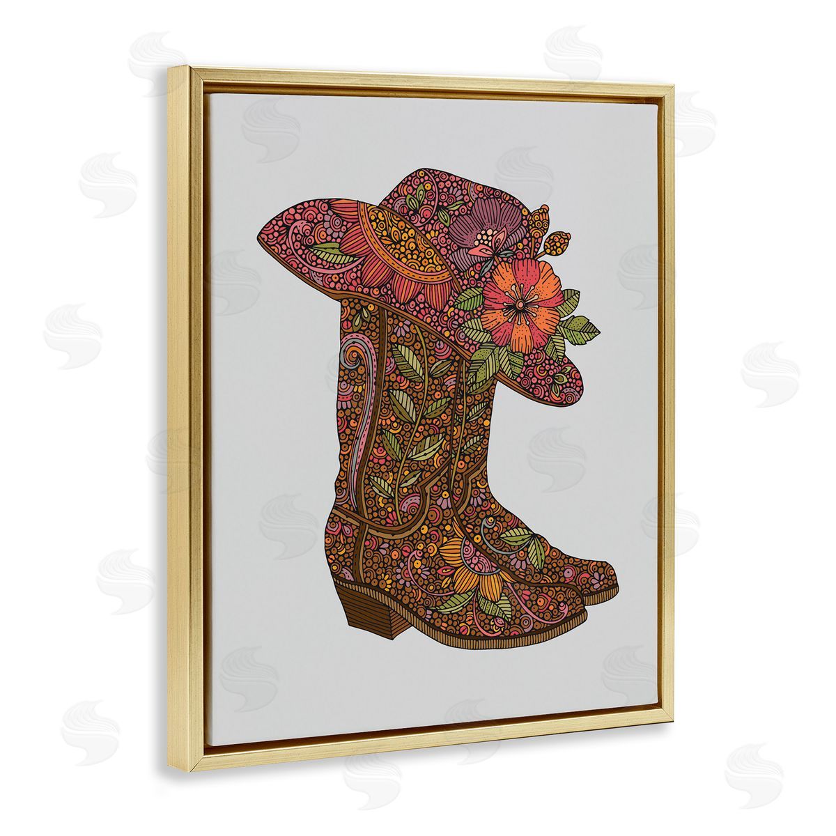 Paisley Cowboy Boots Gold Floating Frame Canvas Wall Art, Home Decor by Valentina Harper