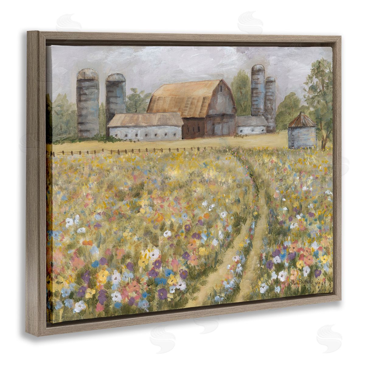 Meadow Path to Barn Brown Floating Frame Canvas Wall Art, Home Decor by Pam Britton