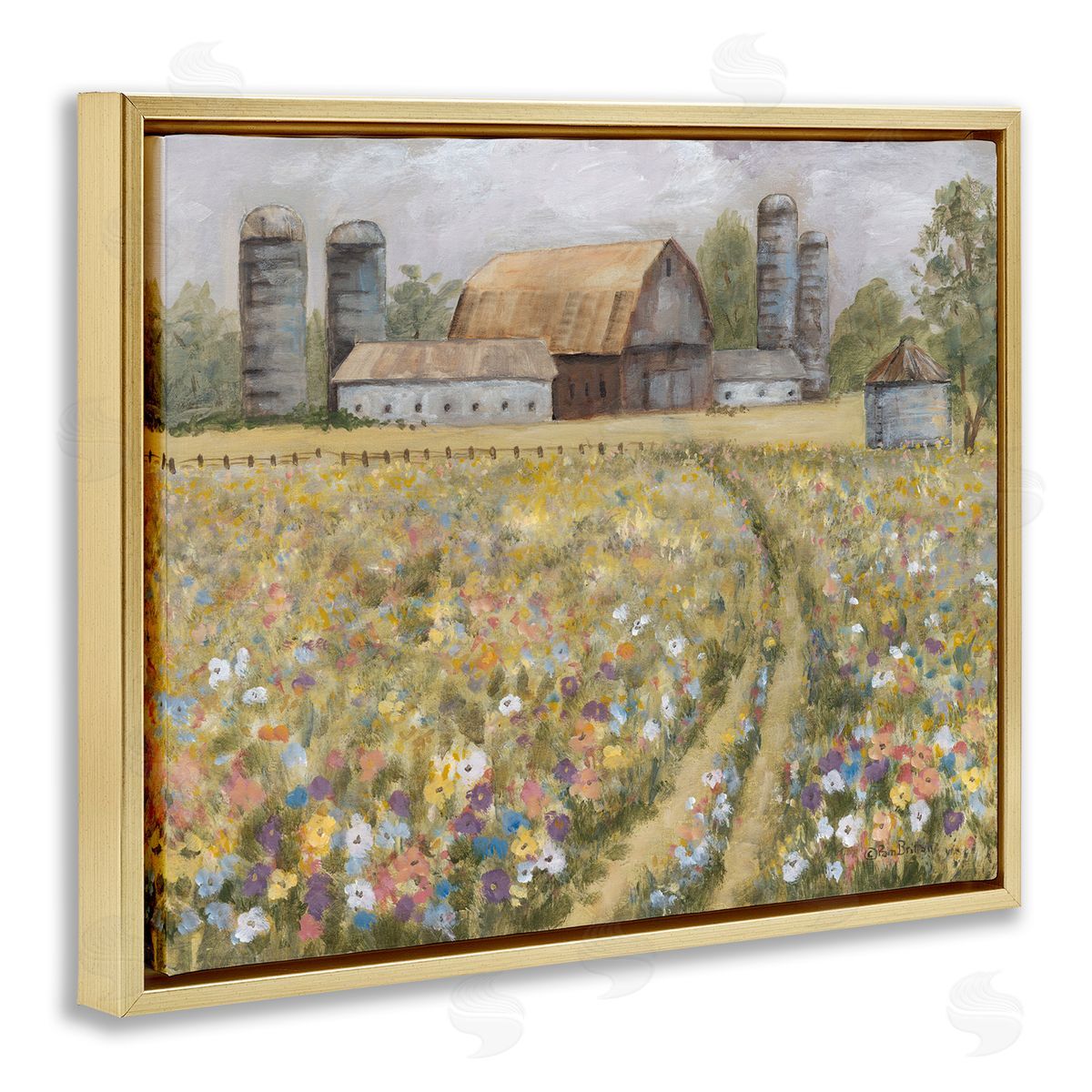 Meadow Path to Barn Gold Floating Frame Canvas Wall Art, Home Decor by Pam Britton