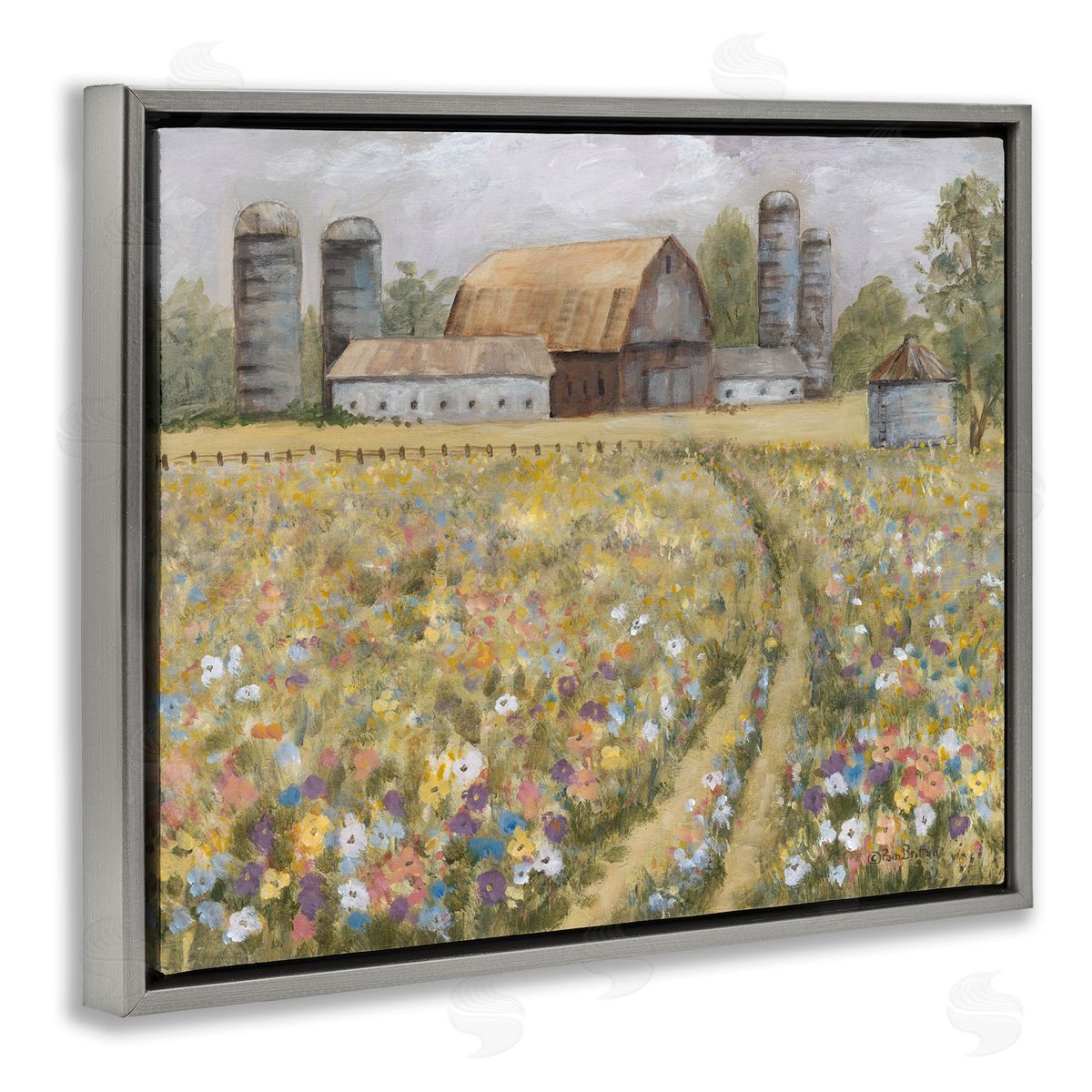 Meadow Path to Barn Grey Floating Frame Canvas Wall Art, Home Decor by Pam Britton