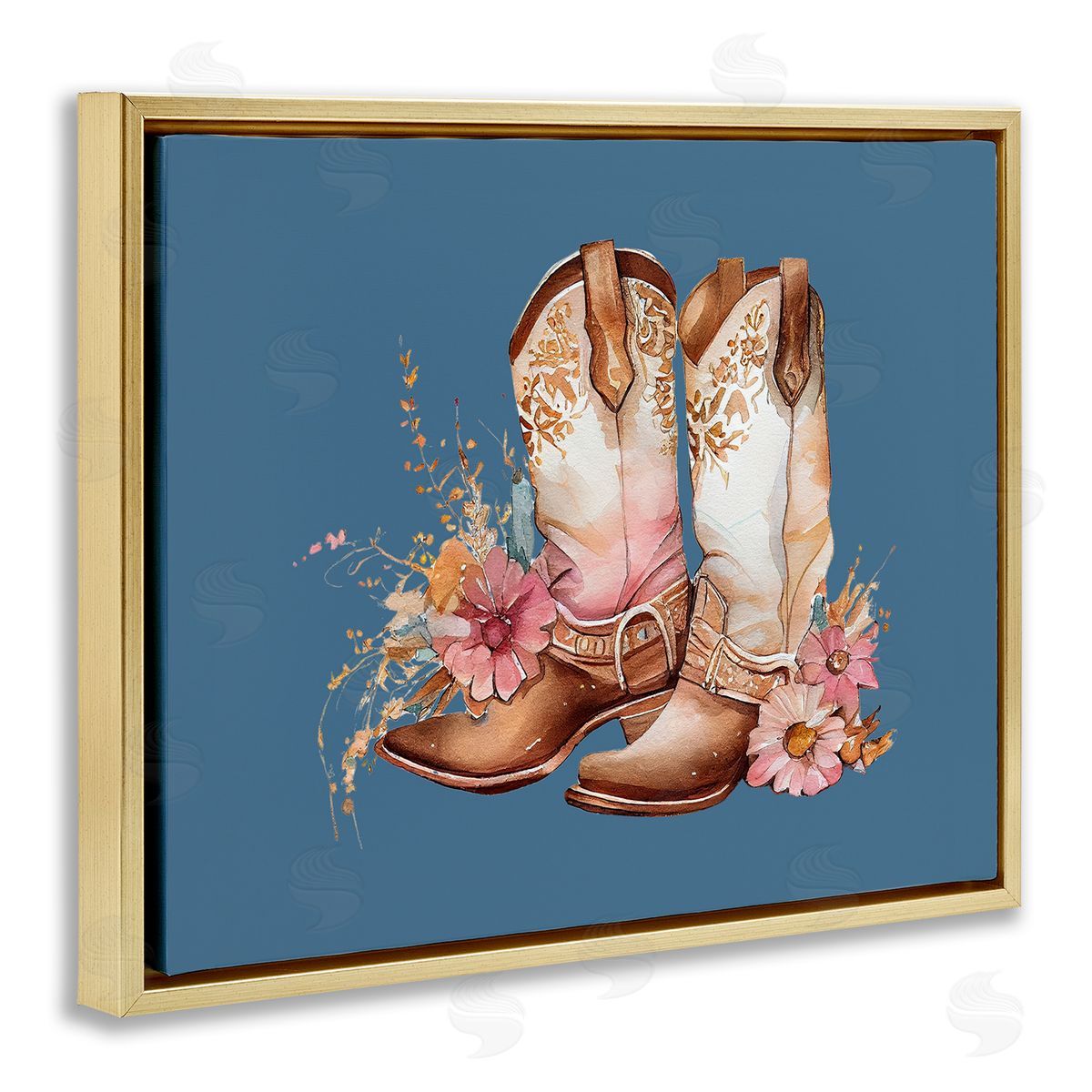 Birch & Ink Cowboy Boots & Wildflowers Gold Floating Frame Canvas Wall Art Print