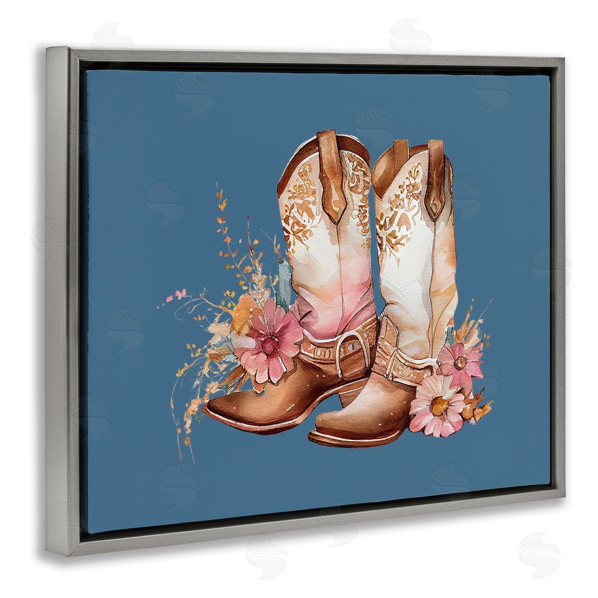 Birch & Ink Cowboy Boots & Wildflowers Gray Floating Frame Canvas Wall Art Print