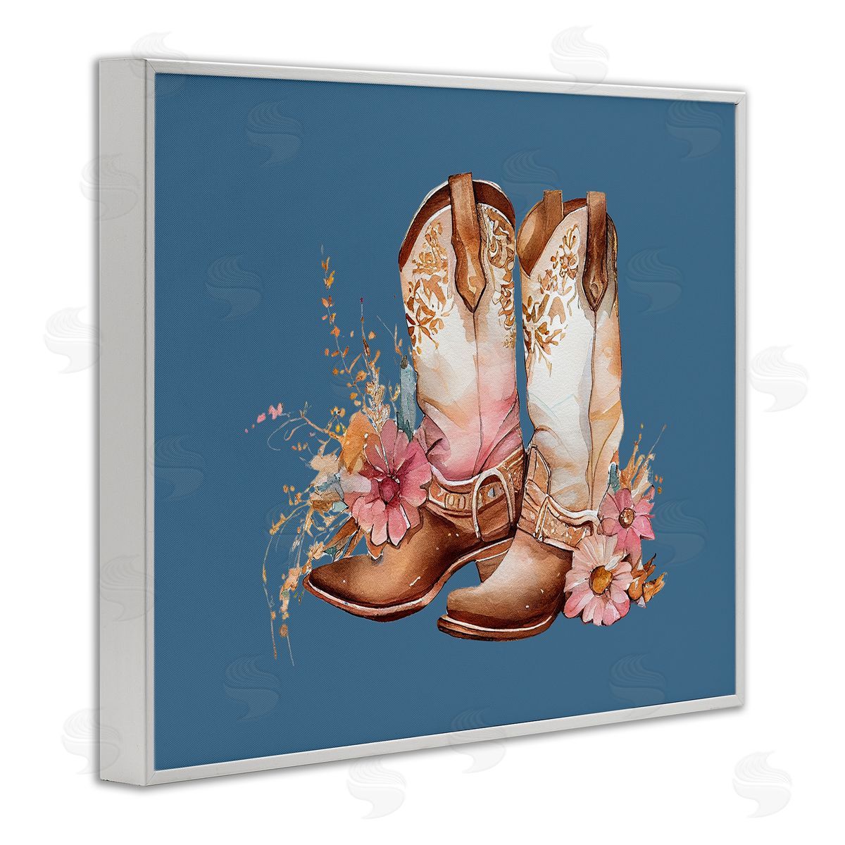 Birch & Ink Cowboy Boots & Wildflowers White Framed Giclee Wall Art Print